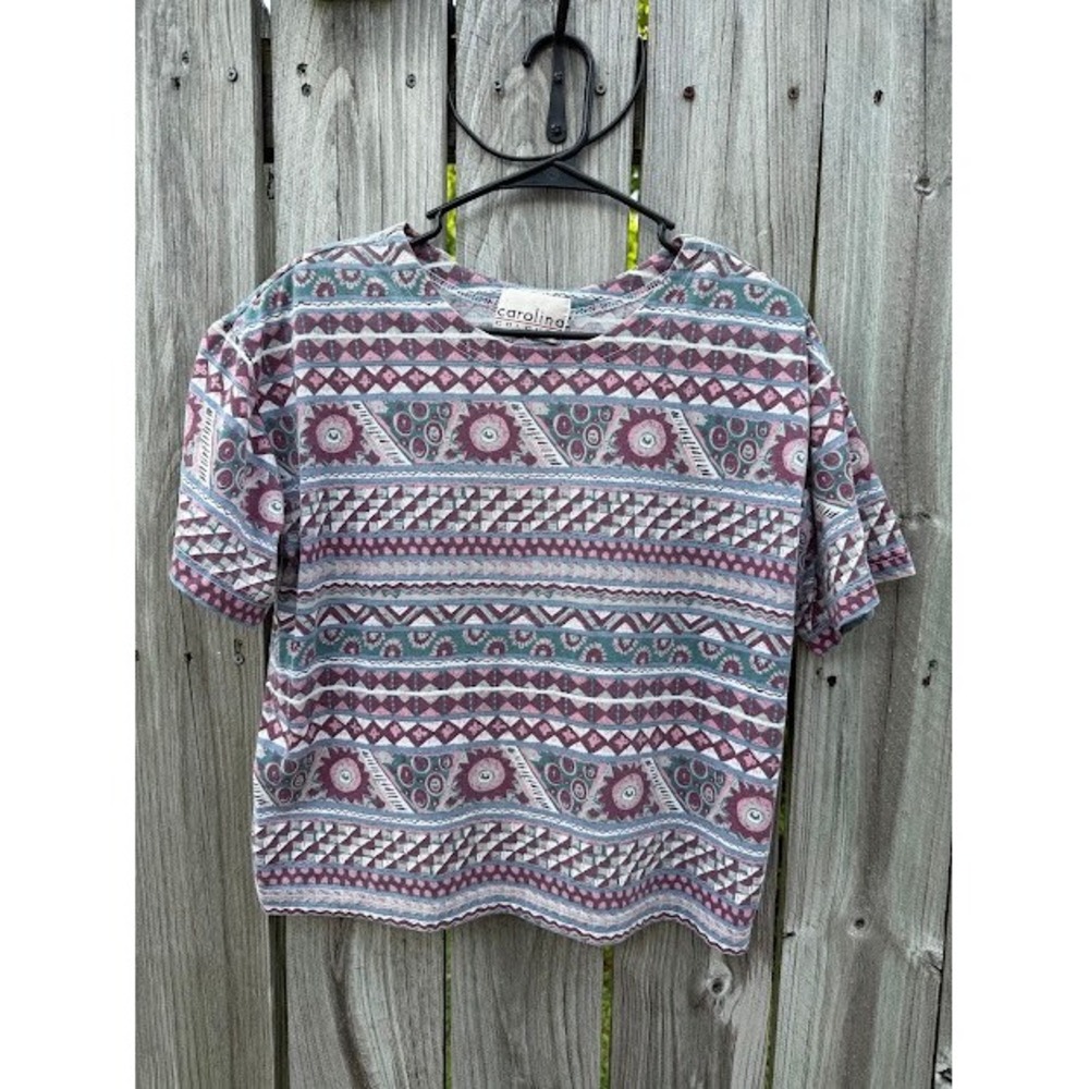 Vintage Carolina Colours T-Shirt Women Small Purple Geometric Tribal‎ Boxy Top